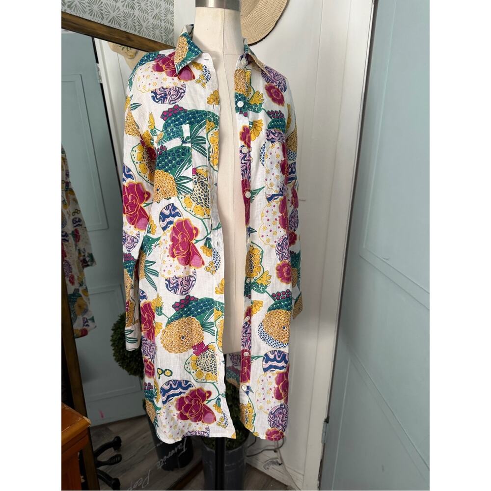 Roller Rabbit 100% Linen Cheri Floral Shirt Dress Button Front Tunic XS Roberta - Picture 3 of 5